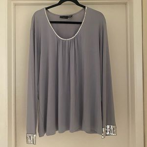 Apostrophe Light Blue Bedazzled Long Sleeves Top with a Scoop Neckline